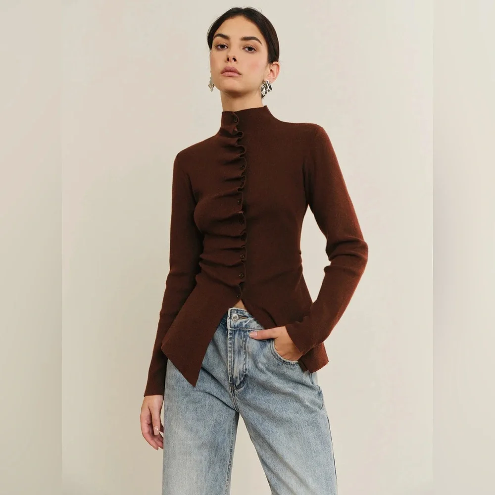 Commense Brown Ruffled Button-Up Knit Top - Picture 1 of 6